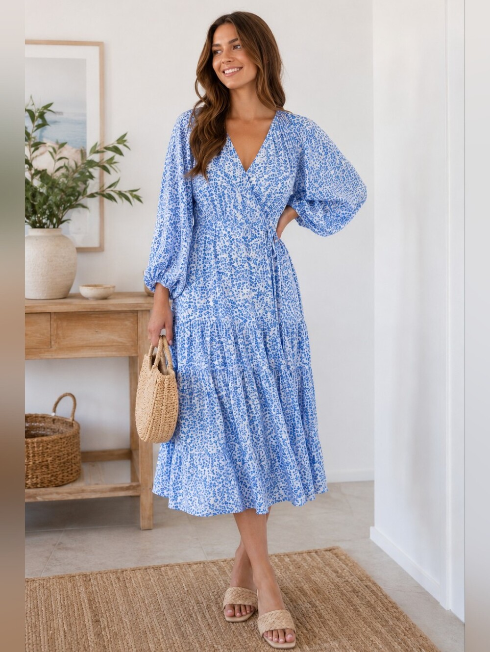 TEN SIXTY SHERMAN Blue Floral Wrap Midi Dress Balloon Sleeve Size XL